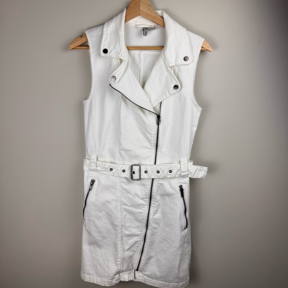 Divided White Denim Moto Zip Buckle Strap Bodycon Dress Sz 8 Biker Party - Picture 10 of 16